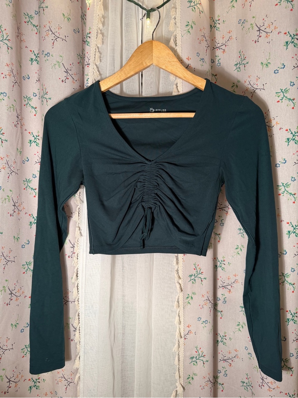 Ruched V-Neck Long-Sleeve Crop Top in Deep Teal